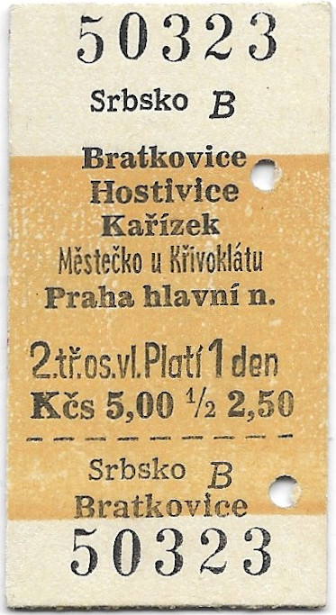 Srbsko - Bratkovice, Hostivice, Kařízek, Městečko u Křivoklátu, Praha hlavní nádraží