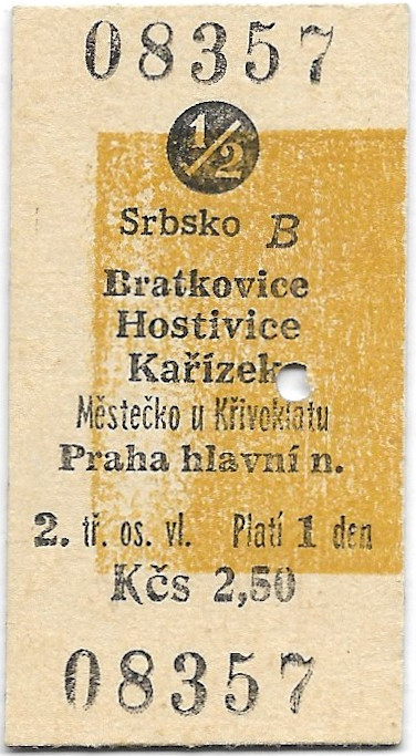 Srbsko - Bratkovice, Hostivice, Kařízek, Městečko u Křivoklátu, Praha hlavní nádraží (½)