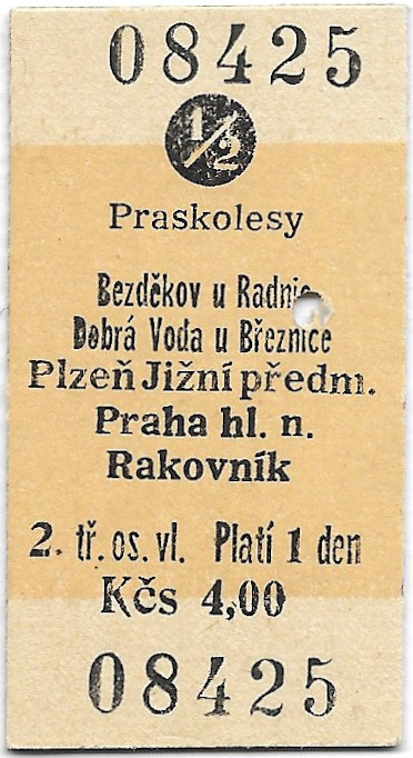 Praskolesy - Bezděkov u Radnic, Dobrá voda u Březnice, Plzeň Jižní předměstí, Praha hlavní nádraží, Rakovník (½)